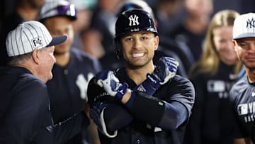 Mar 14, 2025; Tampa, Florida, USA; New York Yankees catcher J.C. Escarra (79) celebrates after hitting a home run against the Philadelphia Phillies in the seventh inning during spring training at George M. Steinbrenner Field. Mandatory Credit: Nathan Ray Seebeck-Imagn Images