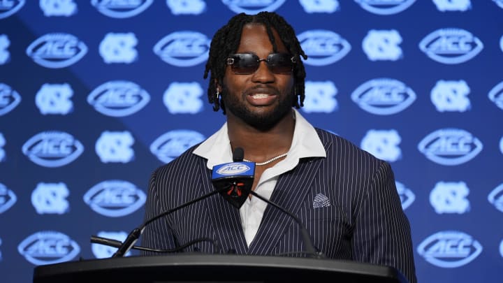 Jul 25, 2024; Charlotte, NC, USA;  UNC Tar Heels defensive end Kaimon Rucker speaks to the media during the ACC Kickoff at Hilton Charlotte Uptown. Mandatory Credit: Jim Dedmon-USA TODAY Sports