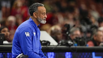 Mar 7, 2025; Greenville, SC, USA; Kentucky Wildcats head coach Kenny Brooks watches his team during the second half against the Oklahoma Sooners at Bon Secours Wellness Arena. Mandatory Credit: Jim Dedmon-Imagn Images