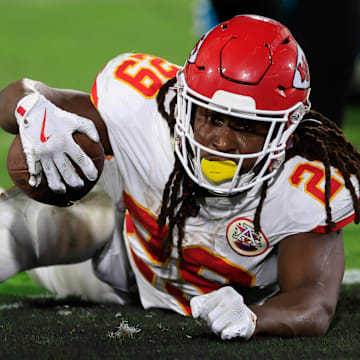 Kansas City Chiefs running back Kareem Hunt (29) scores a rushing touchdown during the fourth quarter of an NFL football matchup at EverBank Stadium, Monday, Oct. 6, 2025, in Jacksonville, Fla. The Jacksonville Jaguars edged the Kansas City Chiefs 31-28. [Corey Perrine/Florida Times-Union]