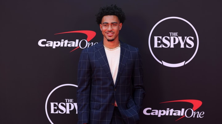 Jul 11, 2024; Los Angeles, CA, USA; Carolina Panthers quarterback Bryce Young arrives on the red carpet before the 2024 ESPYS at Dolby Theatre. Mandatory Credit: Kiyoshi Mio-USA TODAY Sports