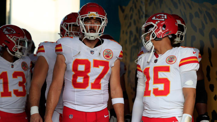 Kansas City Chiefs tight end Travis Kelce (87) looks on next to quarterback Patrick Mahomes (15) before a preseason NFL football game Saturday, Aug. 10, 2024 at EverBank Stadium in Jacksonville, Fla. The Jacksonville Jaguars defeated the Kansas City Chiefs 26-13. [Corey Perrine/Florida Times-Union]