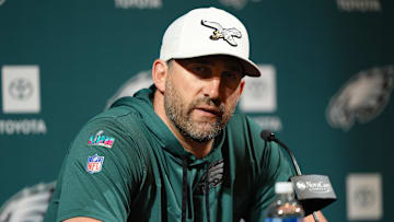 Jun 10, 2025; Philadelphia, PA, USA; Philadelphia Eagles head coach Nick Sirianni addresses media during a press conference at NovaCare Complex.
