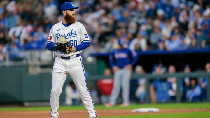 May 4, 2024; Kansas City, Missouri, USA; Kansas City Royals pitcher Colin Selby (60) pitches during the seventh inning against the Texas Rangers at Kauffman Stadium