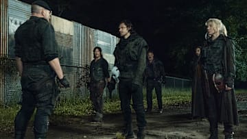 Norman Reedus as Daryl Dixon, Alex Meraz as Carver, Lynn Collins as Leah, Ritchie Coster as Pope - The Walking Dead _ Season 11, Episode 6 - Photo Credit: Josh Stringer/AMC