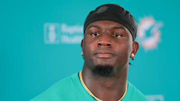 Miami Dolphins linebacker Willie Gay speaks to reporters