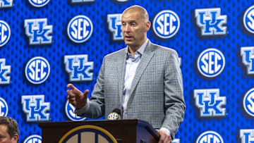 Oct 14, 2025; Birmingham, AL, USA; Kentucky Wildcats head coach Mark Pope talks with the media during SEC Media Days at Grand Bohemian Hotel. Mandatory Credit: Vasha Hunt-Imagn Images