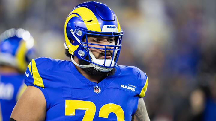 Jan 13, 2025; Glendale, AZ, USA; Los Angeles Rams guard Jonah Jackson (72) against the Minnesota Vikings during an NFC wild card game at State Farm Stadium. Mandatory Credit: Mark J. Rebilas-Imagn Images Jan 13, 2025; Glendale, AZ, USA; Los Angeles Rams guard Jonah Jackson (72) against the Minnesota Vikings during an NFC wild card game at State Farm Stadium. Mandatory Credit: Mark J. Rebilas-Imagn Images