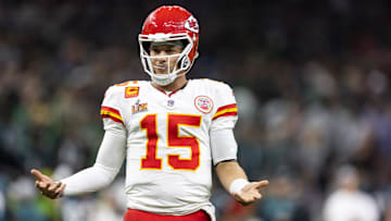 Feb 9, 2025; New Orleans, LA, USA;  Kansas City Chiefs quarterback Patrick Mahomes (15) reacts against the Philadelphia Eagles in Super Bowl LIX at Ceasars Superdome. Mandatory Credit: Mark J. Rebilas-Imagn Images