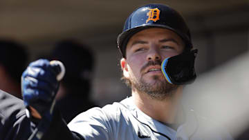 Apr 21, 2024; Minneapolis, Minnesota, USA; Detroit Tigers second baseman Buddy Kennedy (40) celebrates his RBI sacrifice fly against the Minnesota Twins in the first inning at Target Field. Mandatory Credit: Bruce Kluckhohn-Imagn Images