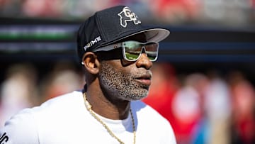 Oct 19, 2024; Tucson, Arizona, USA; Colorado Buffalos head coach Deion Sanders against the Arizona Wildcats at Arizona Stadium. Mandatory Credit: Mark J. Rebilas-Imagn Images