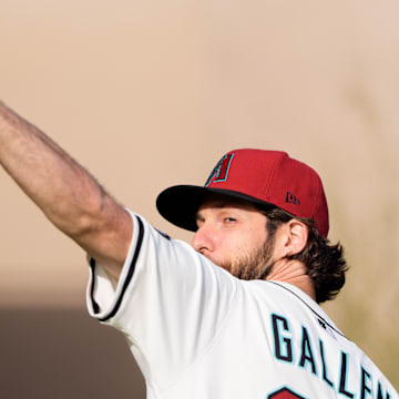 Feb 19, 2025; Scottsdale, AZ, USA; Arizona Diamondbacks pitcher Zac Gallen (23) poses for a portrait for MLB Media Day at Salt River Fields.  Mandatory Credit: Allan Henry-Imagn Images