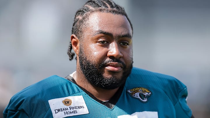 Jul 25, 2025; Jacksonville, FL, USA; Jacksonville Jaguars guard Chuma Edoga (55) participates in training camp at Miller Electric Center. 