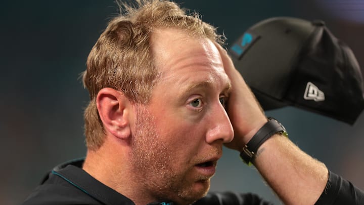 Aug 23, 2025; Miami Gardens, Florida, USA; Jacksonville Jaguars head coach Liam Coen reacts on the sideline against the Miami Dolphins during the fourth quarter at Hard Rock Stadium. Mandatory Credit: Sam Navarro-Imagn Images