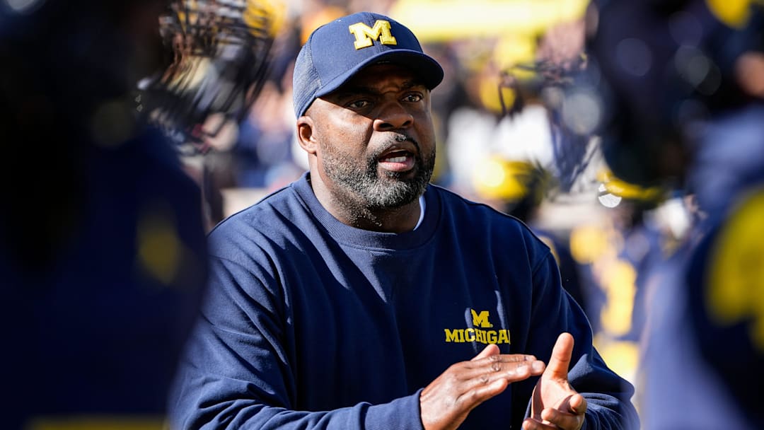 Michigan linebackers coach Brian Jean-Mary watches warm up before the Oregon game at Michigan Stadium in Ann Arbor on Saturday, Nov. 2, 2024. Michigan linebackers coach Brian Jean-Mary watches warm up before the Oregon game at Michigan Stadium in Ann Arbor on Saturday, Nov. 2, 2024.