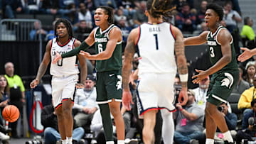 Oct 28, 2025; Hartford, CT, USA; Michigan State Spartans forward Jordan Scott (6) and Michigan State Spartans forward Cam Ward (3) react to a call during the second half against the Connecticut Huskies at PeoplesBank Arena. Mandatory Credit: Mark Smith-Imagn Images