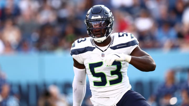 Aug 17, 2024; Nashville, Tennessee, USA; Seattle Seahawks linebacker Boye Mafe (53) celebrates a sack in the first quarter agains the Tennessee Titans at Nissan Stadium. Mandatory Credit: Casey Gower-USA TODAY Sports