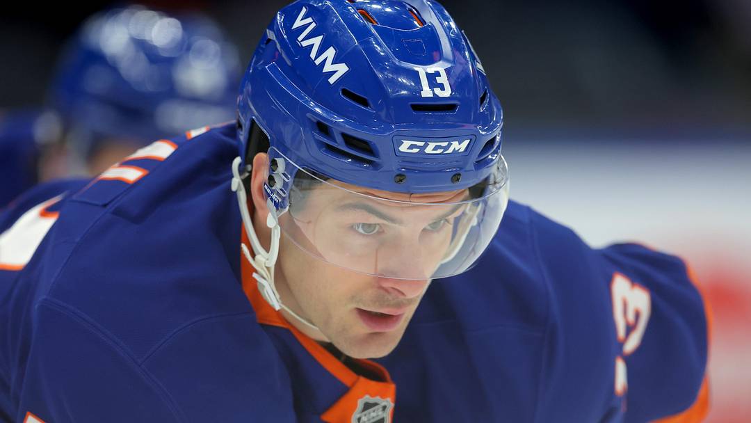 Mar 28, 2026; Elmont, New York, USA; New York Islanders center Mathew Barzal (13) skates against the Florida Panthers during the first period at UBS Arena. Mandatory Credit: Brad Penner-Imagn Images