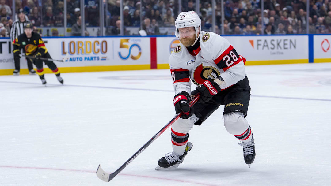 Dec 21, 2024; Vancouver, British Columbia, CAN;  Ottawa Senators forward Claude Giroux (28) skates against the Vancouver Canucks during the first period at Rogers Arena. Mandatory Credit: Bob Frid-Imagn Images