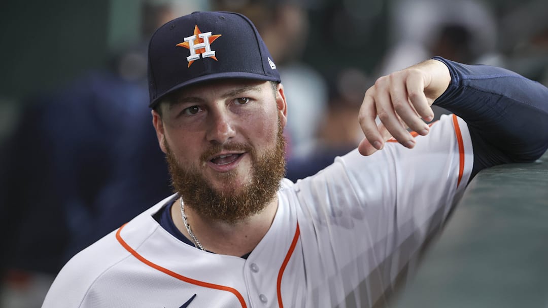 Jun 13, 2023; Houston, Texas, USA; Houston Astros relief pitcher Matt Gage (91) in the dugout before the game against the Washington Nationals at Minute Maid Park.