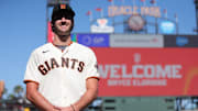 Jul 26, 2023; San Francisco, California, USA; San Francisco Giants 2023 first-round draft pick Bryce Eldridge poses for a photo before the game against the Oakland Athletics at Oracle Park. Mandatory Credit: Sergio Estrada-Imagn Images