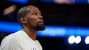 Jan 31, 2025; San Francisco, California, USA; Phoenix Suns forward Kevin Durant (35) stands on the court before the start of the game against the Golden State Warriors at the Chase Center. Mandatory Credit: Cary Edmondson-Imagn Images