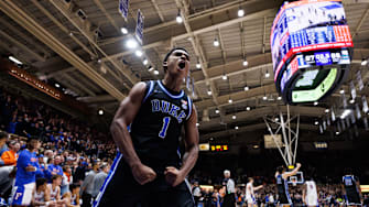 Duke Blue Devils guard Caleb Foster (1) reacts after a turnover against the Florida Gators during the second half at Cameron Indoor Stadium in Durham, NC on Tuesday, December 2, 2025. [Matt Pendleton/Gainesville Sun]