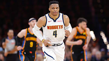 May 5, 2025; Oklahoma City, Oklahoma, USA; Denver Nuggets guard Russell Westbrook (4) runs down the court after a play against the Oklahoma City Thunder during the second half during game one of the second round for the 2025 NBA Playoffs at Paycom Center. Mandatory Credit: Alonzo Adams-Imagn Images