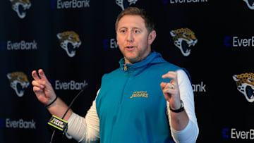 Jacksonville Jaguars head coach Liam Coen speaks during a press conference at Miller Electric Center Wednesday, April 9, 2025 in Jacksonville, Fla. [Corey Perrine/Florida Times-Union]