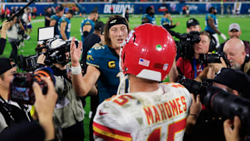 Jacksonville Jaguars quarterback Trevor Lawrence (16) greets Kansas City Chiefs quarterback Patrick Mahomes (15) after the game of an NFL football matchup at EverBank Stadium, Monday, Oct. 6, 2025, in Jacksonville, Fla. The Jacksonville Jaguars edged the Kansas City Chiefs 31-28.