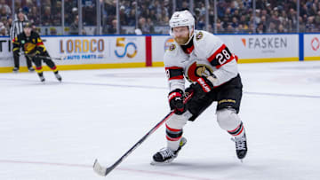 Dec 21, 2024; Vancouver, British Columbia, CAN;  Ottawa Senators forward Claude Giroux (28) skates against the Vancouver Canucks during the first period at Rogers Arena. Mandatory Credit: Bob Frid-Imagn Images
