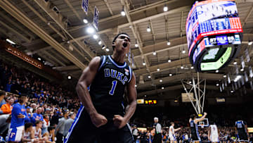 Duke Blue Devils guard Caleb Foster (1) reacts after a turnover against the Florida Gators during the second half at Cameron Indoor Stadium in Durham, NC on Tuesday, December 2, 2025. [Matt Pendleton/Gainesville Sun]