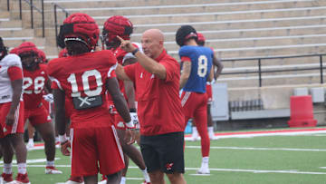Jacksonville State football coach Charles Kelly talks to RJ Rainer during fall practice on Burgess-Snow Field at AmFirst Stadium in Jacksonville, Alabama on August, 6, 2025. (Maxwell Donaldson, The Gadsden Times)