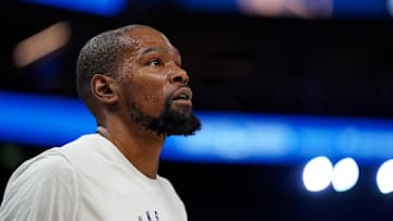 Jan 31, 2025; San Francisco, California, USA; Phoenix Suns forward Kevin Durant (35) stands on the court before the start of the game against the Golden State Warriors at the Chase Center. Mandatory Credit: Cary Edmondson-Imagn Images