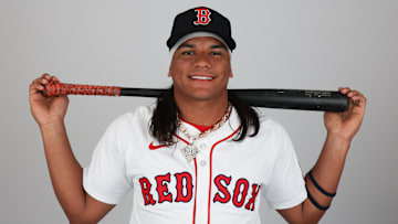 Feb 18, 2025; Lee County, FL, USA; Boston Red Sox outfielder Jhostynxon Garcia (91) participates in media day at JetBlue Park at Fenway South. Mandatory Credit: Nathan Ray Seebeck-Imagn Images
