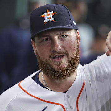 Jun 13, 2023; Houston, Texas, USA; Houston Astros relief pitcher Matt Gage (91) in the dugout before the game against the Washington Nationals at Minute Maid Park.