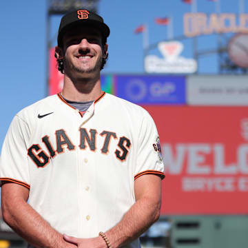 Jul 26, 2023; San Francisco, California, USA; San Francisco Giants 2023 first-round draft pick Bryce Eldridge poses for a photo before the game against the Oakland Athletics at Oracle Park. Mandatory Credit: Sergio Estrada-Imagn Images