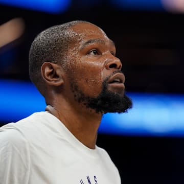 Jan 31, 2025; San Francisco, California, USA; Phoenix Suns forward Kevin Durant (35) stands on the court before the start of the game against the Golden State Warriors at the Chase Center. Mandatory Credit: Cary Edmondson-Imagn Images