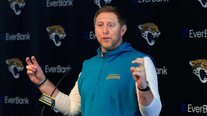 Jacksonville Jaguars head coach Liam Coen speaks during a press conference at Miller Electric Center Wednesday, April 9, 2025 in Jacksonville, Fla. [Corey Perrine/Florida Times-Union]