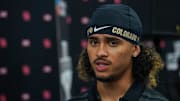 Jul 9, 2025; Frisco, TX, USA; Colorado quarterback Julian Lewis speaks with the media during 2025 Big 12 Football Media Days at The Star. Mandatory Credit: Raymond Carlin III-Imagn Images