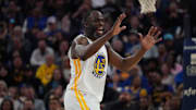 Mar 8, 2025; San Francisco, California, USA; Golden State Warriors forward Draymond Green (23) gestures to the referee during a game against the Detroit Pistons in the third quarter at Chase Center. Mandatory Credit: David Gonzales-Imagn Images
