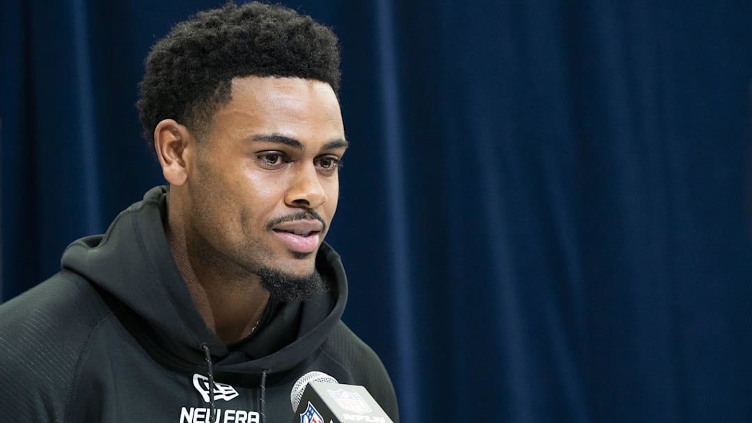 Mississippi wideout Tre Harris answers questions at a press conference during the 2025 NFL Combine at the Indiana Convention Center.