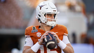 Dec 21, 2024; Austin, Texas, USA; Texas Longhorns quarterback Arch Manning (16) against the Clemson Tigers during the CFP National playoff first round at Darrell K Royal-Texas Memorial Stadium. Mandatory Credit: Mark J. Rebilas-Imagn Images