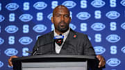 Jul 25, 2024; Charlotte, NC, USA;  Syracuse Orange head coach Fran Brown speaks to the media during the ACC Kickoff at Hilton Charlotte Uptown.