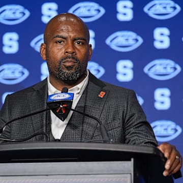 Jul 25, 2024; Charlotte, NC, USA;  Syracuse Orange head coach Fran Brown speaks to the media during the ACC Kickoff at Hilton Charlotte Uptown.