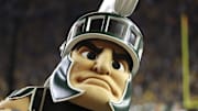 Oct 26, 2024; Ann Arbor, Michigan, USA;  Michigan State Spartans mascot Sparty on the sideline against the Michigan Wolverines at Michigan Stadium. Mandatory Credit: Rick Osentoski-Imagn Images