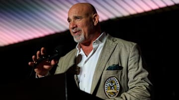 Former Georgia defensive tackle, Bill Goldberg, and WWE wrestling hall of famer, speaks during the Georgia-Florida Hall of Fame Luncheon and induction ceremony Friday, Nov. 1, 2024 at EverBank Stadium in Jacksonville, Fla. This year’s inductees included Georgia’s Bill Goldberg and Mike Fisher, and Florida’s Fred Weary and Mike Peterson.