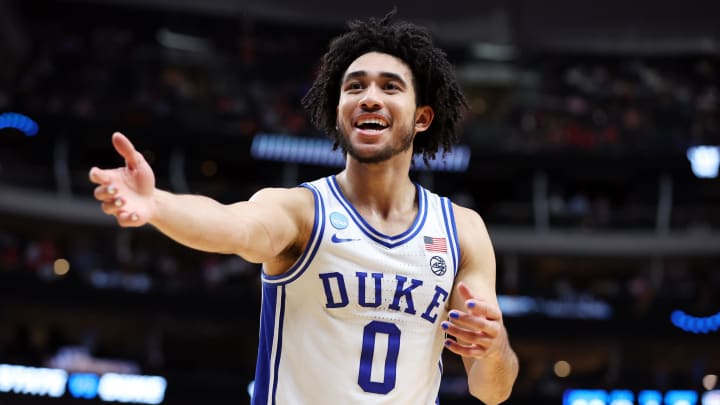 Mar 31, 2024; Dallas, TX, USA; Duke Blue Devils guard Jared McCain (0) reacts in the second half against the North Carolina State Wolfpack in the finals of the South Regional of the 2024 NCAA Tournament at American Airline Center. Mandatory Credit: Tim Heitman-USA TODAY Sports
