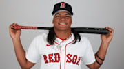 Feb 18, 2025; Lee County, FL, USA; Boston Red Sox outfielder Jhostynxon Garcia (91) participates in media day at JetBlue Park at Fenway South. Mandatory Credit: Nathan Ray Seebeck-Imagn Images