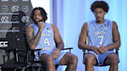 Oct 10, 2024; Charlotte, NC, USA;  North Carolina player R.J. Davis and Seth Trimble at The Hilton Charlotte Uptown. Mandatory Credit: Jim Dedmon-Imagn Images